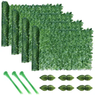 FUOBECIE Sichtschutz Balkon, 1M x 3M Künstlicher Efeu Sichtschutzzaun, Künstliche Efeu Hecke Sichtschutz, Erweiterbarer Künstlicher Heckenzaun und Künstlicher Efeu, Balkon Sichtschutz (Frischgrün-4pc)