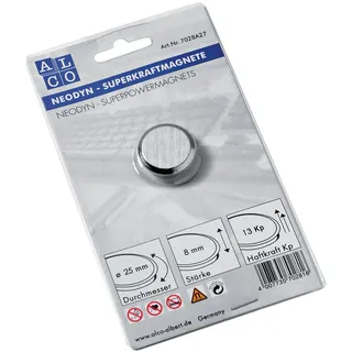 ALCO-Albert - Superkraftmagnet Ø 25 mm x 8 mm, silber | Gebürsteter Magnet mit 13 kp Haftkraft für Whiteboards, Magnetleisten und Organisation