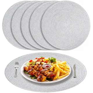 NAKIHOUSE Tischsets Abwaschbar Rund Geflochten Silber Platzsets 6er Set | 38cm Platzsets Abwischbar, Rutschfest, Hitzebeständig Schmutzabweisend Platzdeckchen für Hochzeit, Restaurant, Küche