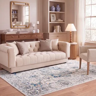 SAFAVIEH Traditionell Teppich für Wohnzimmer, Esszimmer, Schlafzimmer - Madison Collection, Kurzer Flor, Türkis und Elfenbein, 122 X 183 cm