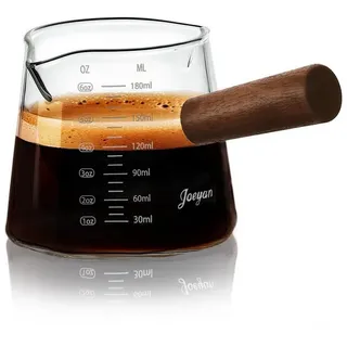 luxuskollektion Joeyan 180ml Espresso Messbecher Glas mit Holzgriff, Klein Coffee Measuring Cup mit Skala, Milchkännchen mit V-förmiger Doppelausgießer, Messgläse