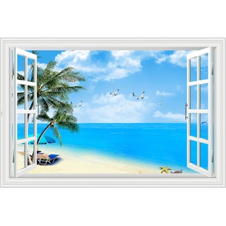 Lichi 3D Falscher Fenster-Wand-Aufkleber mit Meeresstrand, Kokosnussbaum, Landschaft mit Möwe
