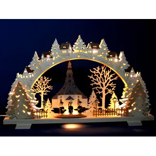 3D LED Schwibbogen 52cm x 35cm - Seiffener Kirche mit Kurrende Figuren - Feine Handwerkskunst aus dem Erzgebirge - Schwibbogen für Weihnachten
