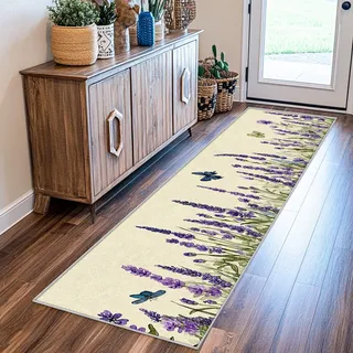 Generisch Läufer Flur Lavendel, Waschbarer Teppich Läufer Lila Blumen Schmetterling Floral 100x200, Küchenteppich, Eingangsbereich, Bettvorleger, Schlafzimmer Deko, rutschfest, Kurzflor g806