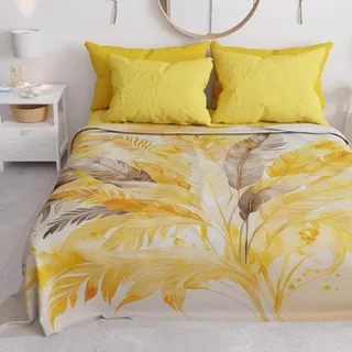Famanu Tagesdecke für Doppelbett mit Palm-Muster - Gelb, 100% Italy - Gelb
