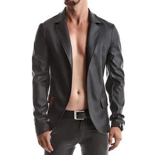Regnes Fetish Planet Herren Jacke schwarz aus schwarzem mattem Kunstleder Slim-Fit dehnbar mit Taschen und Kragen - M