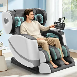Gegcucey Ganzkörper Massagesessel mit Rollen & Airbags für Massage, Zero Gravity mit Bluetooth Lautsprecher und Touchscreen, Heizfunktion für Taille & Beine, mit Fußmassage für Hause/Büro (Hellgrau)