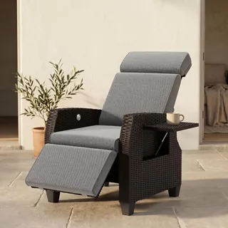 Gartensessel Rattan Wetterfest Relaxsessel mit Liegefunktion, 160° Stepless Verstellbar Rückenlehne, Bis 220kg, Loungesessel mit Sitzkissen und Fußstütze, Relaxliege für Wohnzimmer, Balkon, Outdoor