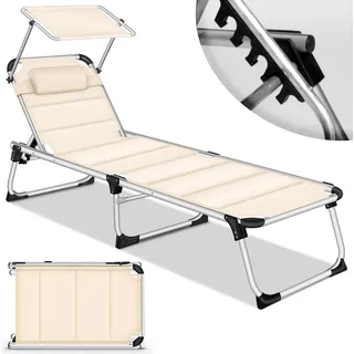 tillvex® Sonnenliege mit Dach und Kopfkissen Beige - Premium Polsterung | Gartenliege Liegestuhl klappbar | Strandliege mit verstellbarer Rückenl... - Beige