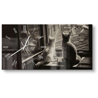 DEQORI Wanduhr 'Katzen auf Fensterbrett' (Glas Glasuhr modern Wand Uhr Design Küchenuhr) schwarz|weiß 60 cm x 30 cm