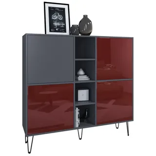 Vladon Highboard Havana V3 (Sideboard mit 4 Türen und 4 offene Fächer, Kommode Made in Germany), Anthrazit matt / Bordeaux Hochglanz (130,5 x 124 x 35 cm) rot