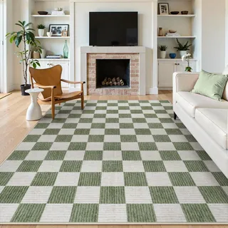 LIVEBOX Teppiche für Wohnzimmer, kariert, rutschfest, waschbar, Landhausstil, klassisch, geometrisch, groß, für Jungen, für Schlafzimmer, Wohnzimmer, Esszimmer, Büro (Grün, 20,3 x 25,4 cm)