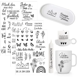 COMOOKA 4 Blatt Tattoos Sprüche Wasserschiebefolie Sticker Kerzentattoos Schriftzug für DIY Glas Keramik Zuhause Mutmacher Geschenke für Frauen Freundin Familie Party Deko Einzugsgeschenk Wohnung Haus