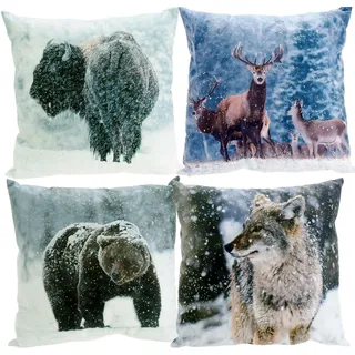 Dekokissen 45x45 cm Büffel Hirsch Bär Wolf Zierkissen Sofakissen Kissen Velours