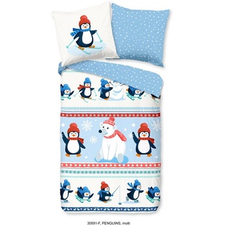 Kinderbettwäsche Penguins, good morning, Biber, Flanell, 2 teilig, 100% Baumwolle/ Flanell (Biber) blau|weiß
