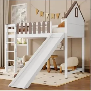 YuQozii Hochbett, Mit Dach und Fenster, Mit dreistufiger gerader Leiter, Jugendbett, Kinderbett mit Rutsche, Mit abnehmbarem Regal, Kiefer+MDF, Weiß+Walnuss, 90x200cm