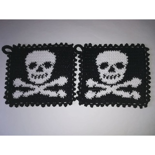 1 Paar Topflappen Totenkopf mit Knochen gehäkelt Handarbeit Pirat Gotik