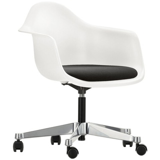 Vitra Eames Plastic Armchair PACC Drehstuhl weiß mit schwarzem Sitzpolster, Designer Charles & Ray Eames, 75.5-89x62.5x60 cm