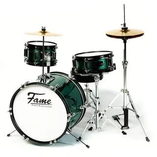 Fame 3 PC Drumset Green, Schlagzeug mit Bass Drum, Tom, Snare, Hardware und Hocker, inklusive Zubehör und Drumsticks