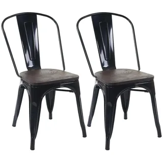 Chefgastro 2er-Set Stuhl inkl. Holz-Sitzfläche | HxBxT 85x45x52cm | Sitzhöhe 44cm | Metall Industriedesign stapelbar | Schwarz | Bistrostuhl Stapelstuhl