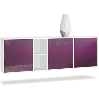 Vladon Sideboard Cuba (Kommode, mit 3 Türen und 2 offene Fächer), Weiß matt/Brombeer Hochglanz (182 x 53 x 35 cm) lila