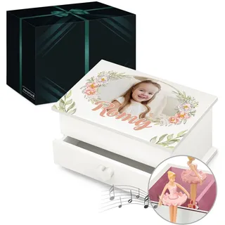 Maverton personalisierte Musik Schmuckdose mit Aufzieh-Spieluhr - Schmuckkästchen Ballerina - Musikspieldose für Mädchen zur Geburt - zum Geburtstag - zu Weihnachten - mit Schublade - Blumenmotiv