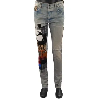 AMIRI Artpatch Skinny Jeans Hose mit Leder Patchwork Applikationen Indigo Blau
