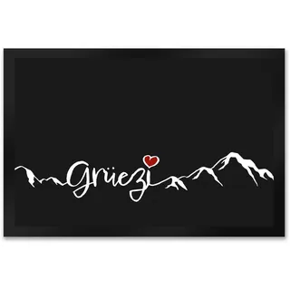speecheese Fußmatte XXL in 50x75 cm mit Grüezi-Schriftzug Herz und Bergen Schweiz Fußmatte XXL in 50x75 cm in grau, weiß und rot Geschenkidee Gebirge Hochgebirge mit Herz