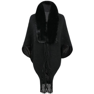 Rouemi Cape Damen Haar Kragen Fransen cape, gestrickt warmen Poncho Mantel schwarz