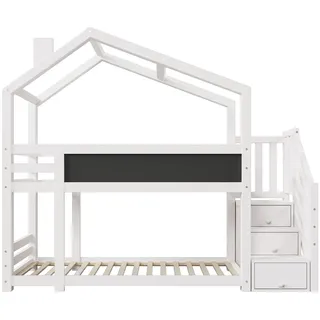 MODFU Etagenbett Baumhaus Kiefer-Massivholz/MDF Weiß 90x200 cm mit Wandtafel, Stauraumtreppe und Rausfallschutz