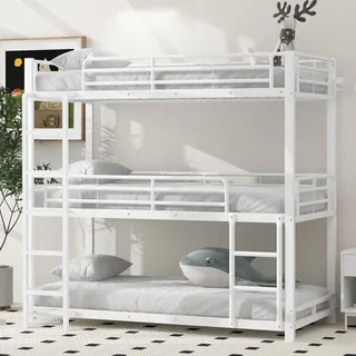 90x200cm Bettgestell Metallbett,etagenbett,eisenbett, Dreifach-etagenbett Für Kinder, Jugendliche Und Erwachsene, Weiß
