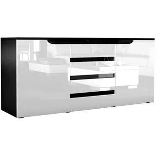 Vladon Sideboard Sylt (Kommode, mit 2 Türen und 4 Schubladen), Schwarz matt/Weiß Hochglanz/Schwarz Hochglanz (139 x 72 x 35) schwarz|weiß