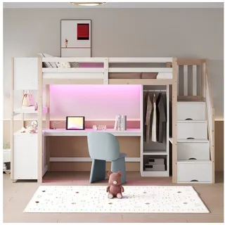 Odikalo Hochbett 90x200 Kinderbett mit Schreibtisch LED und Kleiderschrank (Holz-Hochbett 90 × 200 cm, Einzelkleiderschrank, großer Schreibtisch, Aufbewahrungsschrank; Bettablagefach, Treppe mit Stauraum, ausgestattet mit europäischen Steckdosen und LED-Lichtleisten)