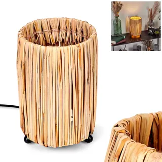 Tischleuchte Cricket, moderne Boho Tischlampe aus Metall/Rattan in Schwarz/Natur, Nachttischlampe mit Schirm in Gitter-Optik, An-/Ausschalter am Kabel und Lichteffekt, 1 x E27, ohne Leuchtmittel