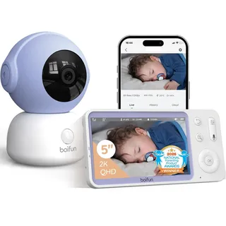 BOIFUN 2026 Babyphone mit Kamera WLAN, 5" 2K/3MP Baby Monitor mit App | Nachtsicht ohne Sichtbares Licht, Sichere Verbindung, 360° Automatische Verfolgung, Weinen- Bewegungs- und Geräuscherkennung