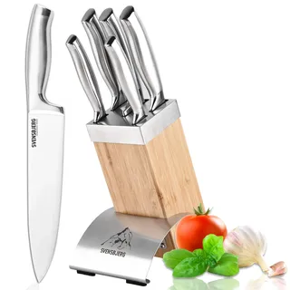 SVENSBJERG Messerblock mit Küchenmesser Set, 5 Scharfe Küchenmesser, Kochmesser Edelstahl, Koch Messerset Profi, moderner Design Messerblock aus Bambus-Holz und Edelstahl | SB-MB101-KS101