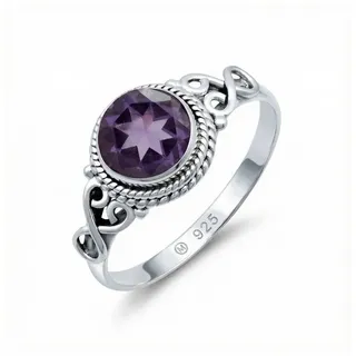 mantraroma Silberring BAGHIMI rund aus 925 Silber mit Amethyst facettiert (Ring mit Schmuckbeutel), Damenring aus 925er Silber lila 48