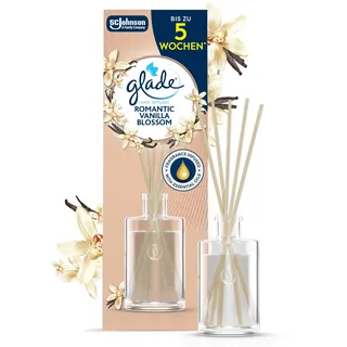 Glade Raumduft, 1 Glas-Flakon & 5 Duftstäbchen | Langanhaltender Lufterfrischer mit ätherischen Ölen, Bis zu 5 Wochen Frische, Romantic Vanilla Blossom Duft, 50 ml Glasflakon