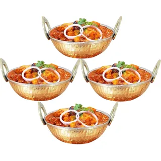 Satz von 4, der Kupfer Utensilien Indien karahi Abendessen Gemüse Schüssel mit Griff für indische Lebensmittel, Durchmesser 15 cm