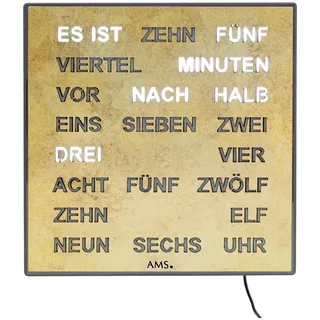 AMS Wanduhr Wortuhr LED Wanduhr Tischuhr 28x28cm (Anzeige in Wort und Schrift) goldfarben
