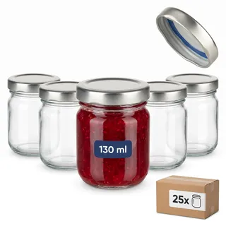 gouveo 25er Set Einmachgläser 125 ml (0,125 l) Einmachglas Helix (Sturzglas) Twist-Off Schraubdeckel TO 53 silberfarben – kleine Marmeladen-, Vorrats- & Gewürzgläser (HEG125SBS)