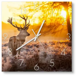 DEQORI Wanduhr 'Hirsch am Wintermorgen' (Glas Glasuhr modern Wand Uhr Design Küchenuhr) braun|orange 30 cm x 30 cm