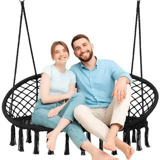 Outtec Doppelte Hängeschaukel Boho Stil 130×75 cm – 200 kg Belastbarkeit, Metallrahmen, 4 Seile mit Metallringen, Innen/Außen, Fransen, Weiß, Balkon Garten Schaukelstuhl