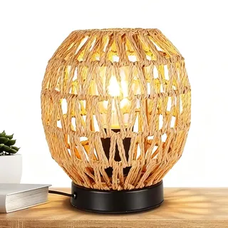 LED Tischlampe Rattan, Boho Nachttischlampe, Rattan Schreibtischlampe | Mit Eisensockel, E27 Schreibtischlampe Retro, Handgewebte Lampenschirme für Schlafzimmer Esszimmer Hochzeit Party Drinnen