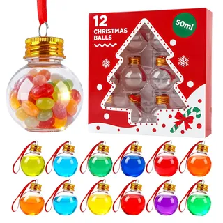 12 Weihnachtskugeln zum Befüllen, Transparent, 50 ml, Rund | Transparente Tannenbaumkugeln aus Kunststoff mit Schneeflocken-Stickern, befüllbar mit Getränken oder Süßigkeiten