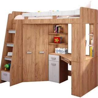 FurnitureByJDM Hochbett mit Schreibtisch, Schubladen, Regalen und Kleiderschrank - 80x200 cm Bettgröße - Linksseitige Treppe – ANTRESOLA (Craft Gold/Craft White)