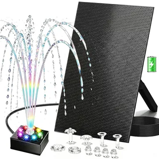 Boadw 10W Teichpumpe solar für Draussen, 2200mAh Solarbrunnen für Draussen mit Akku für Vogelbad kleinen Teich Wasserspiel- Solar Springbrunnen 10 Fontänenstile 8 Bunte LED für DIY Gartenliebhaber