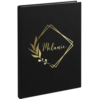 AWASG Notizbuch A5 – Personalisiert mit Name – Notizheft 200 Seiten dotted – Leinencover Grammatur 100g/m2 - Blumenkranz geometrisch (schwarz)