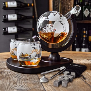 MikaMax - Globe Decanter Deluxe Set - Globus Dekanter – Whisky Karaffe – Inklusive 2 Whisky Globus Gläser – 900 ML – Transparent – Glas Dekanter Set