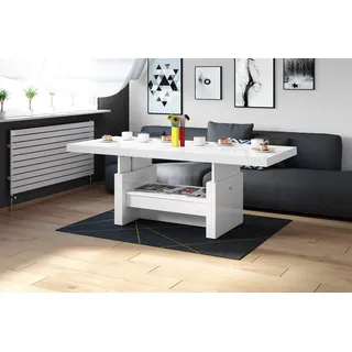 Design Couchtisch Tisch Aversa H-111 Weiß Hochglanz Schublade höhenverstellbar ausziehbar Esstisch